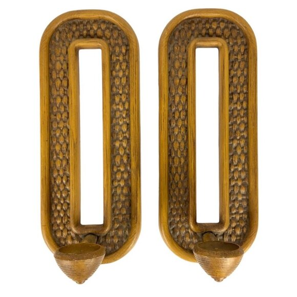 Vintage Homco Candle Wall Sconces Set Of 2 Brown Plastic Wood Grain Basketweave - Picture 1 of 7